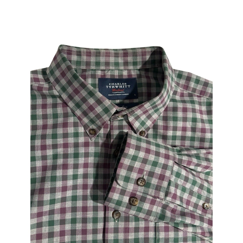 Charles Tyrwhitt Shirt Mens L Plaid Non Iron Slim Fit Button Down Grn, Gry, Mrn‎